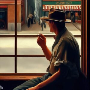 Um homem fumando na janela em frente a uma tabacaria. Imagem gerada pelo Bing Image Creator.