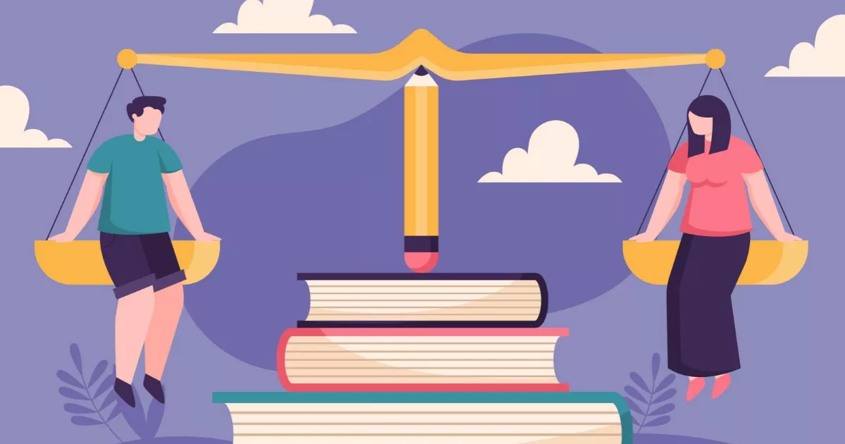 Ilustração de uma balança equilibrada, com uma pessoa em cada prato, sobre uma pilha de livros.