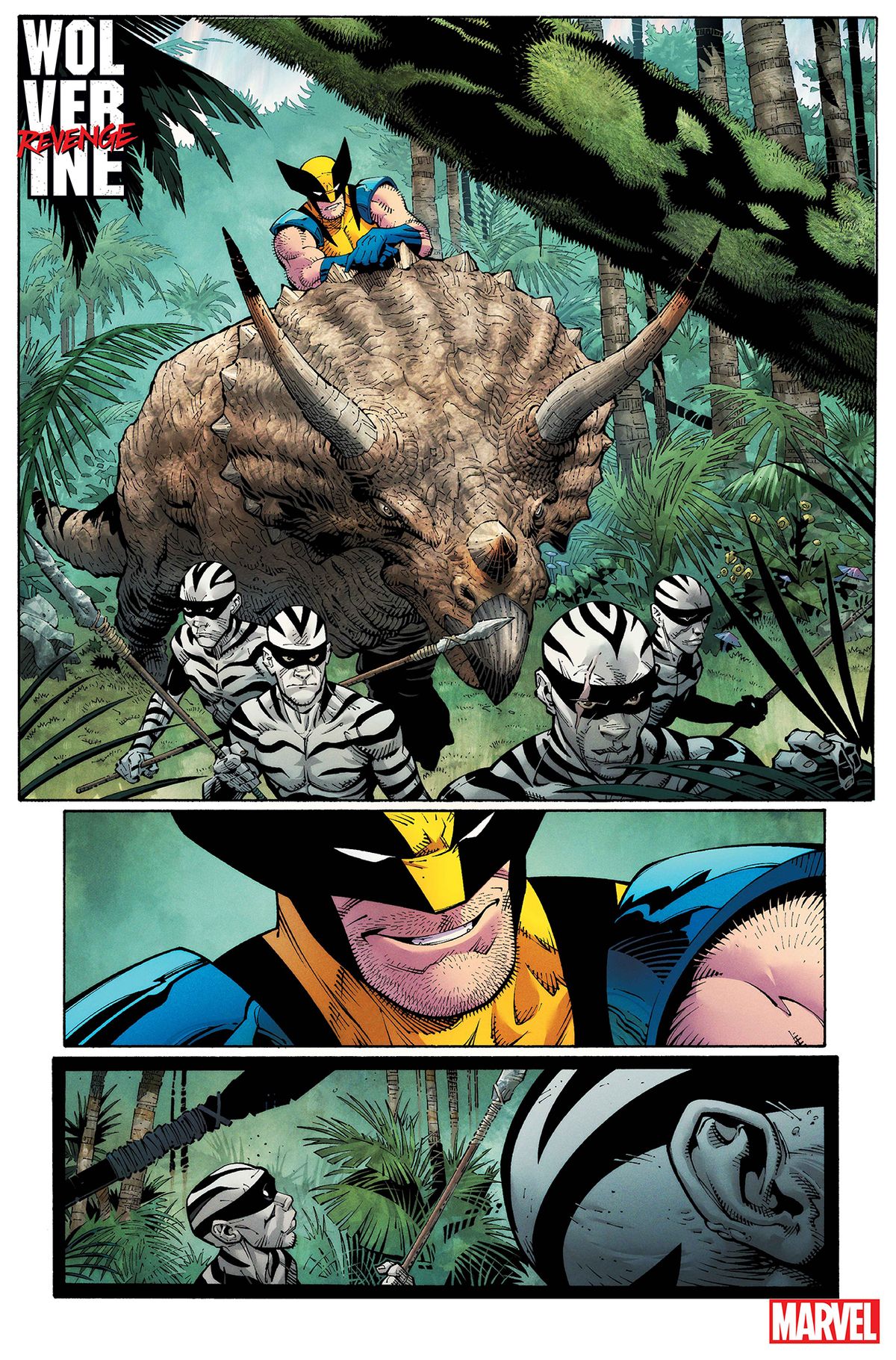 Uma das páginas de "Wolverine Revenge", mostrando Wolverine montado em cima de um dinossauro em uma cena de ação, correndo na selva em meio a selvagens e lutando contra outro dinossauro