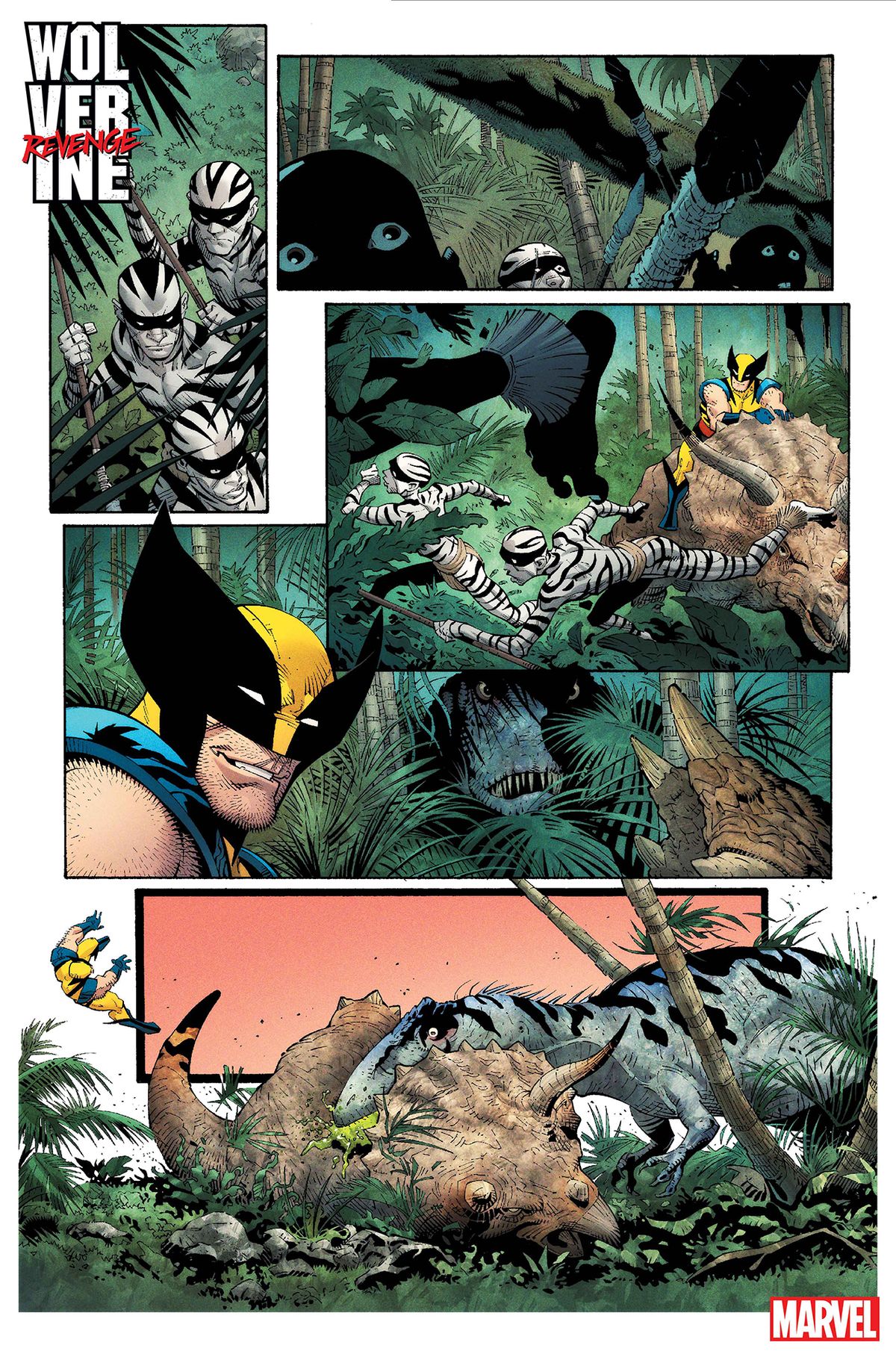 Uma das páginas de "Wolverine Revenge", mostrando Wolverine montado em cima de um dinossauro em uma cena de ação, correndo na selva em meio a selvagens e lutando contra outro dinossauro