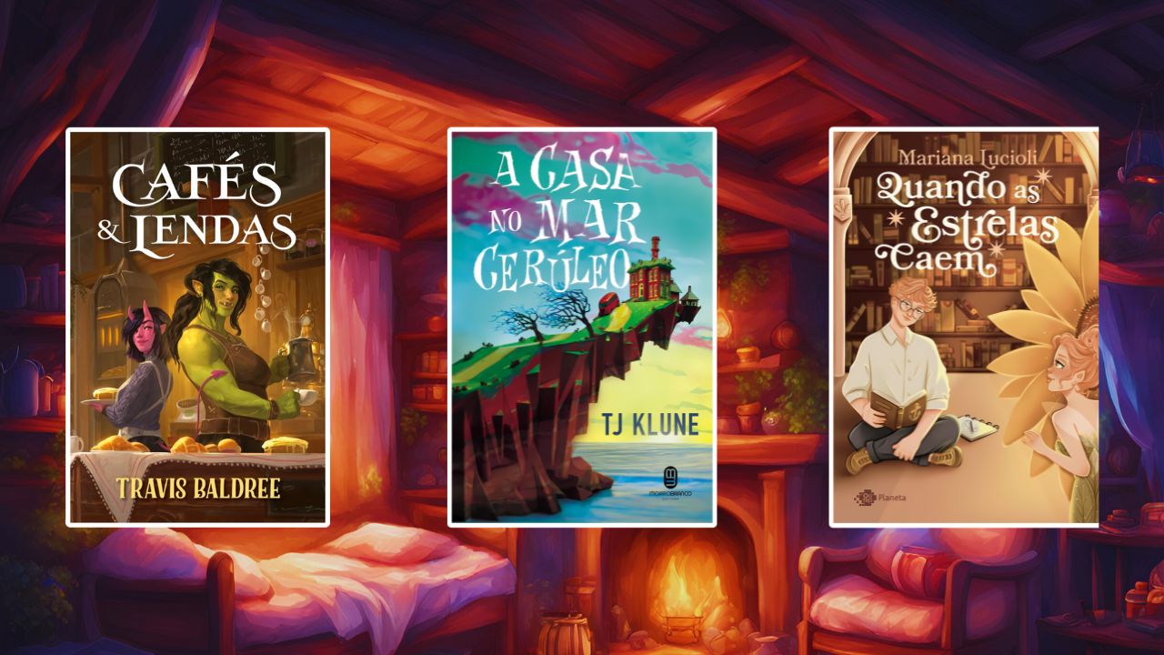 3 capas de livros de cozy fantasy (fantasia aconchegante) em um fundo que simboliza o tema, uma casa de fantasia com lareira
