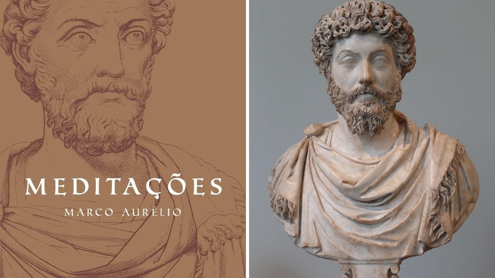 O livro Meditações, de Marco Aurelío, ao lado de um busto esculpido dele