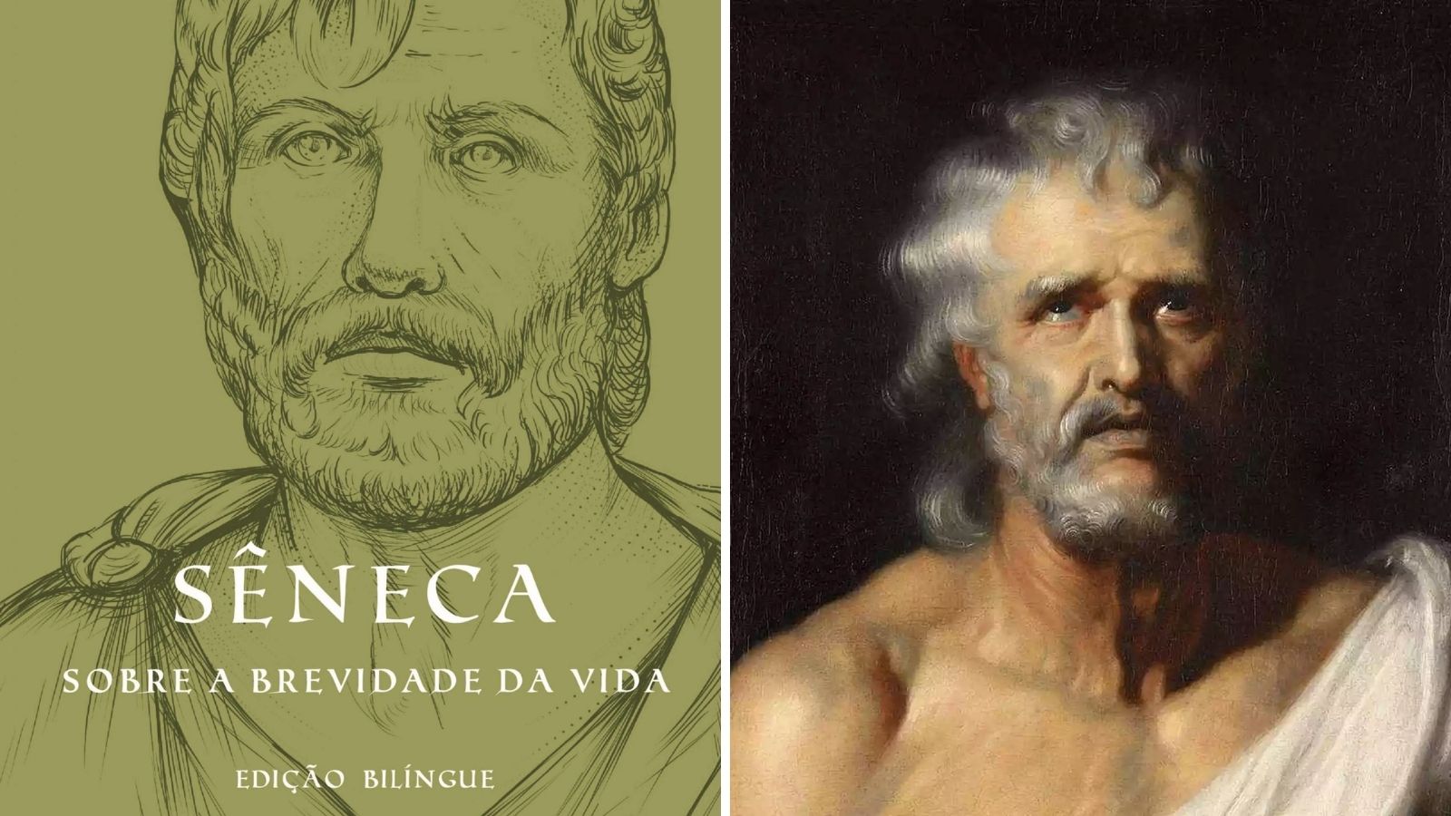 O livro Sobre a Brevidade da Vida, de Sêneca, ao lado deu ma pintura dele