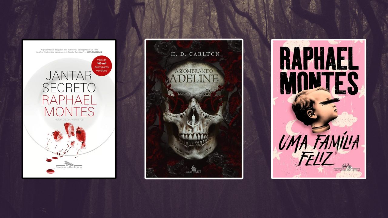 Fundo mostrando uma floresta sombria, com a capa de três dos cinco livros mais vendidos de suspense na Amazon