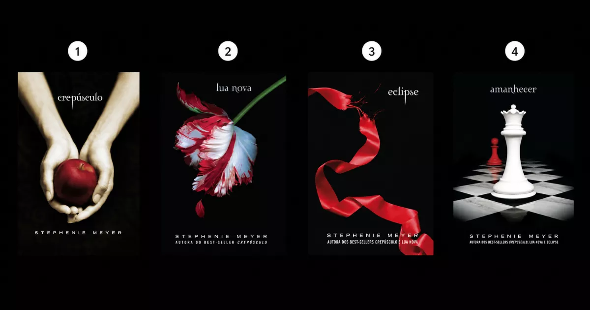 Capas de Crepúsculo, Lua nova, Eclipse e Amanhecer dispostas da esquerda para a direita e numeradas de 1 a 4.