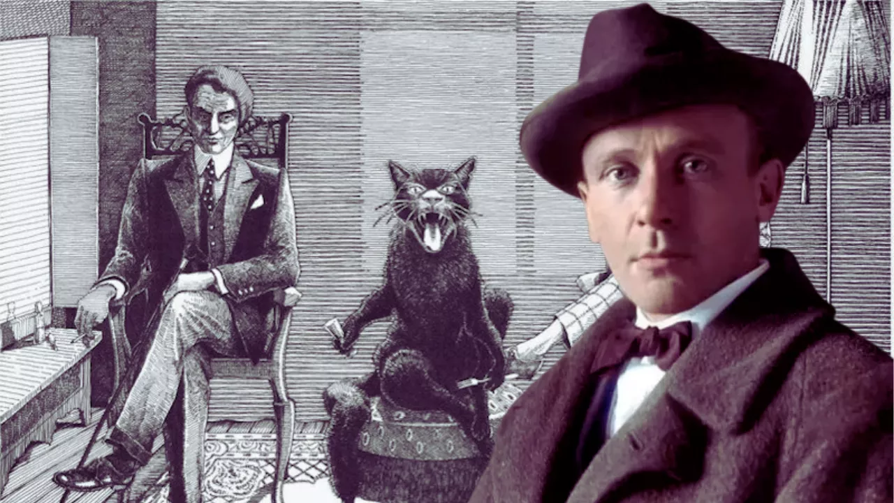 Montagem de Mikhail Bulgákov em frente a uma ilustração de O Mestre e Margarida, com Woland e o gato Behemoth, personagens icônicos do romance, simbolizando a fusão entre o autor e sua obra.