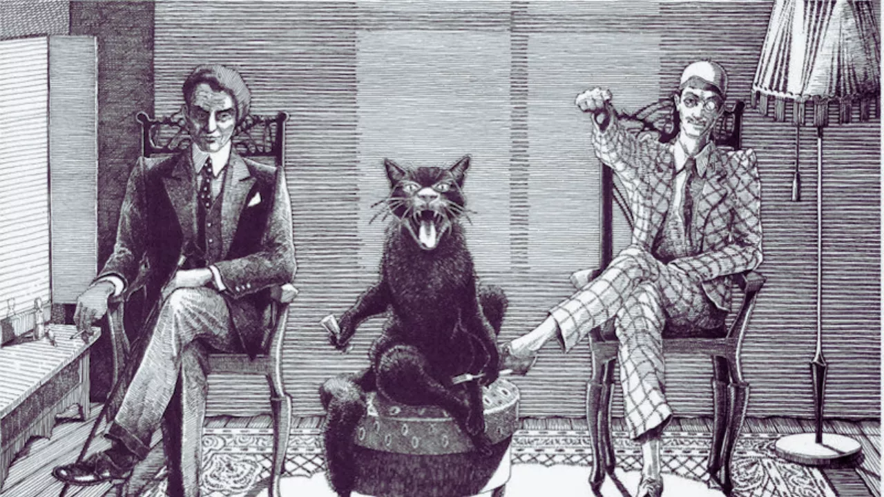 Ilustração de O Mestre e Margarida retratando Woland, Behemoth e Koroviev, três membros da comitiva sobrenatural que causam caos e revelam a hipocrisia da sociedade moscovita.