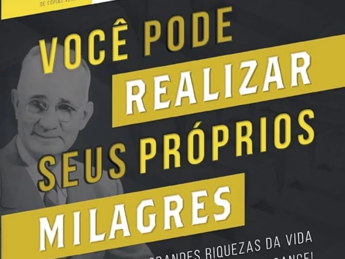 Capa do livro "Você Pode Realizar Seus Próprios Milagres" de Napoleon Hill, com fundo preto e amarelo, destacando a imagem do autor e o título em letras grandes.