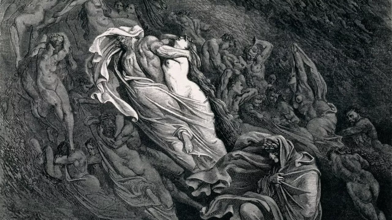 Ilustração em preto e branco de Gustave Doré representando Paolo e Francesca no Inferno, conforme descrito por Dante em A Divina Comédia. Os dois amantes aparecem no centro da imagem, abraçados e sendo arrastados por ventos violentos, cercados por outras almas atormentadas. Dante e Virgílio observam a cena na parte inferior da imagem, protegidos por mantos. A gravura expressa a agonia dos condenados pelo pecado da luxúria no segundo círculo do Inferno.