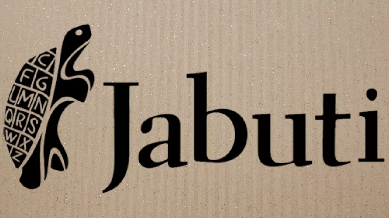 Logotipo do Prêmio Jabuti com ilustração de um jabuti estilizado à esquerda. O casco do animal é preenchido por letras do alfabeto organizadas em seções. Ao lado direito, aparece a palavra “Jabuti” escrita em fonte serifada preta, sobre um fundo bege com textura leve.