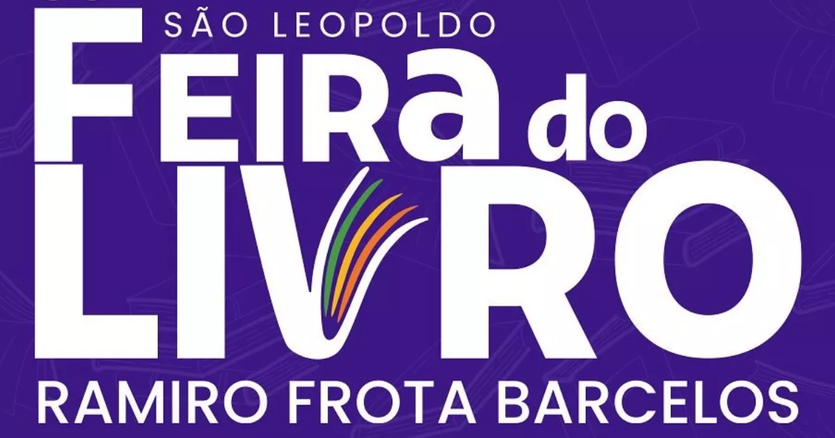 Identidade visual da Feira do Livro Ramiro Frota Barcelos, em São Leopoldo, com letras brancas sobre fundo roxo.