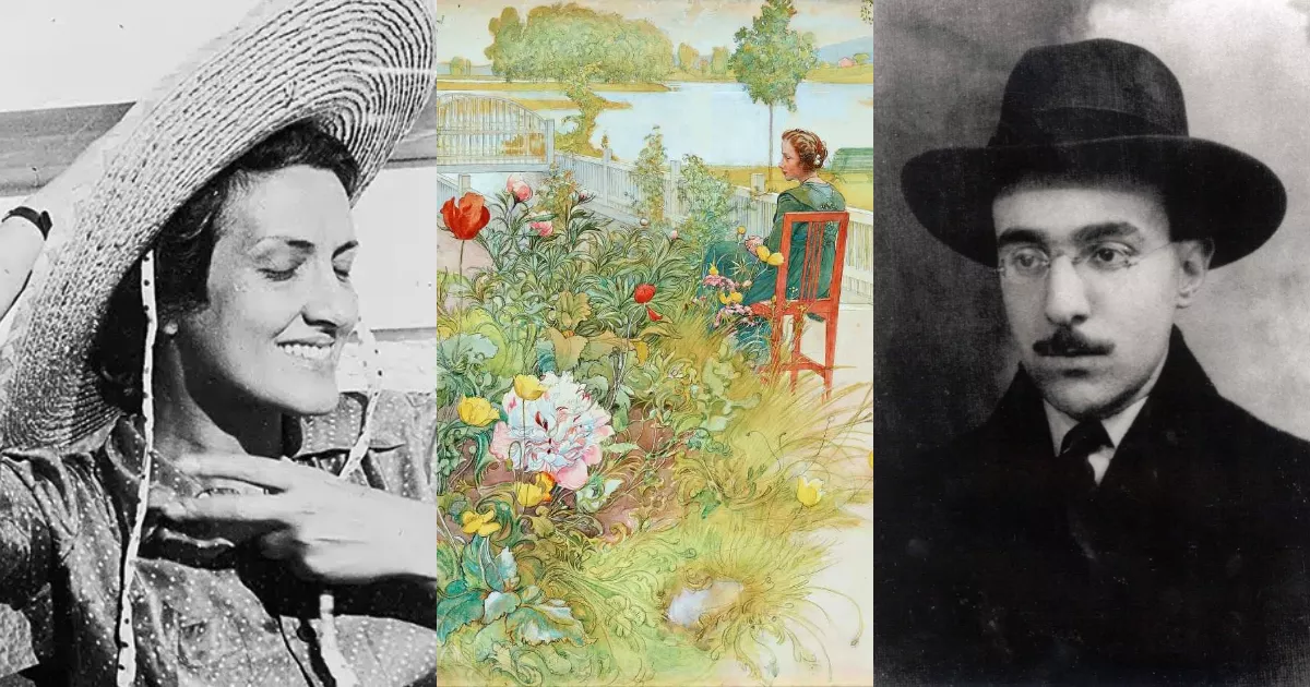 Montagem com retrato de Cecília Meireles à esquerda, detalhe da pintura Verão em Sundborn, de Carl Larsson, ao centro, e retrato de Fernando Pessoa à direita