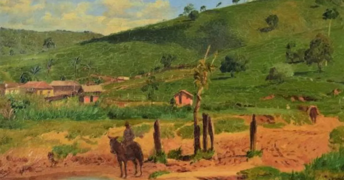 Pintura de uma estrada de terra entre casas e morros verdes, com uma pessoa montada em um animal ao centro.