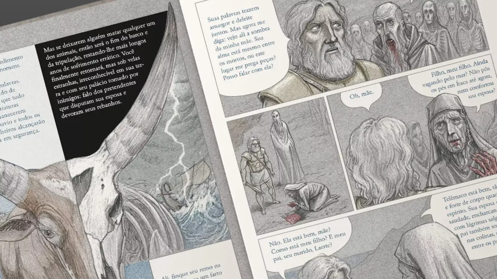 Páginas internas da graphic novel Odisseia, de Gareth Hinds, com a profecia sobre o gado do Sol e Ulisses no mundo dos mortos conversando com a sombra da mãe
