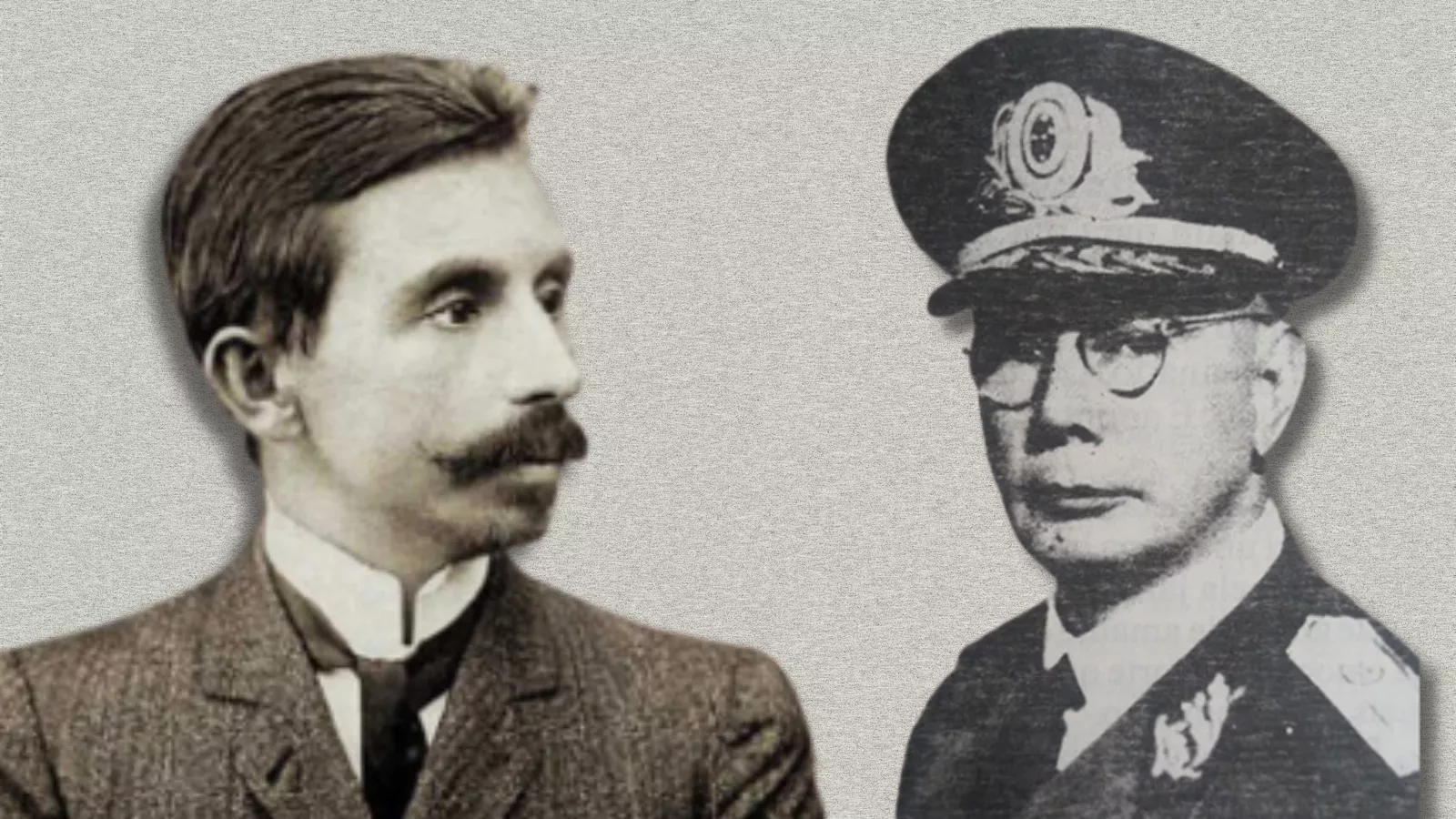 Montagem com retratos em preto e branco de Euclides da Cunha, de bigode e terno, e Dilermando de Assis, de óculos e farda militar, protagonistas da Tragédia da Piedade