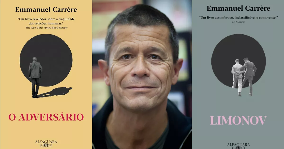 Montagem com Emmanuel Carrère ao centro, entre as capas de O adversário, à esquerda, e Limonov, à direita, em edições da Alfaguara.