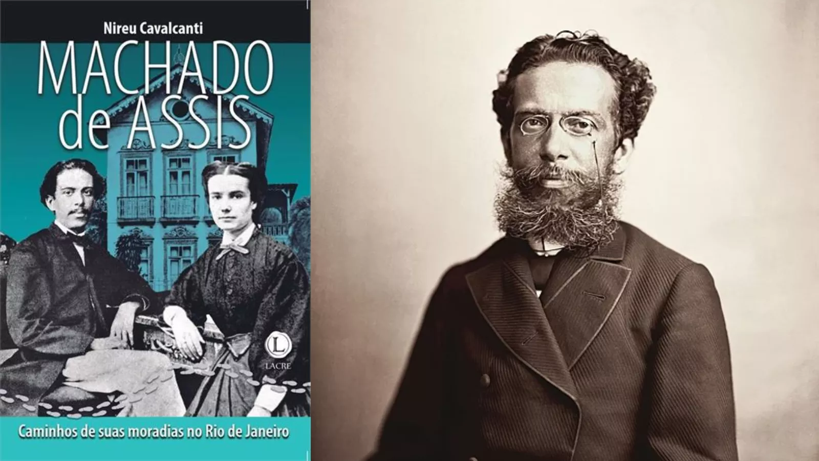 Capa do livro de Nireu Cavalcanti, com um retrato antigo do jovem Machado de Assis ao lado da esposa, Carolina, diante de um sobrado. Ao lado, Machado de Assis já maduro, de barba e pincenê, em fotografia de Marc Ferrez.