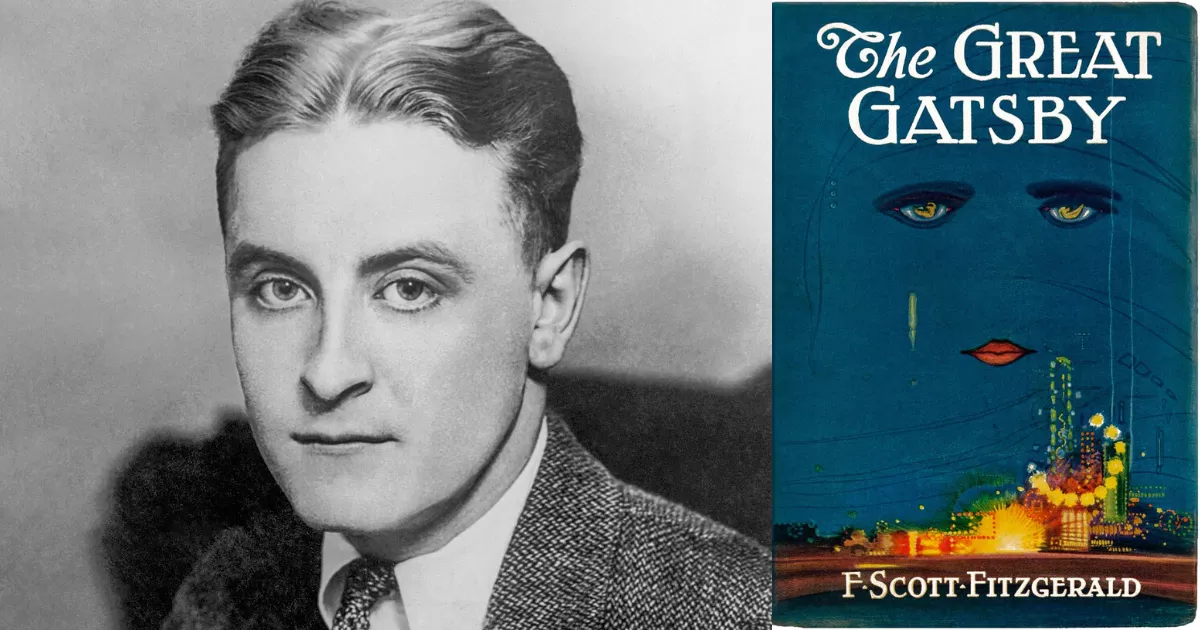 Retrato em preto e branco de F. Scott Fitzgerald ao lado da capa de The Great Gatsby.
