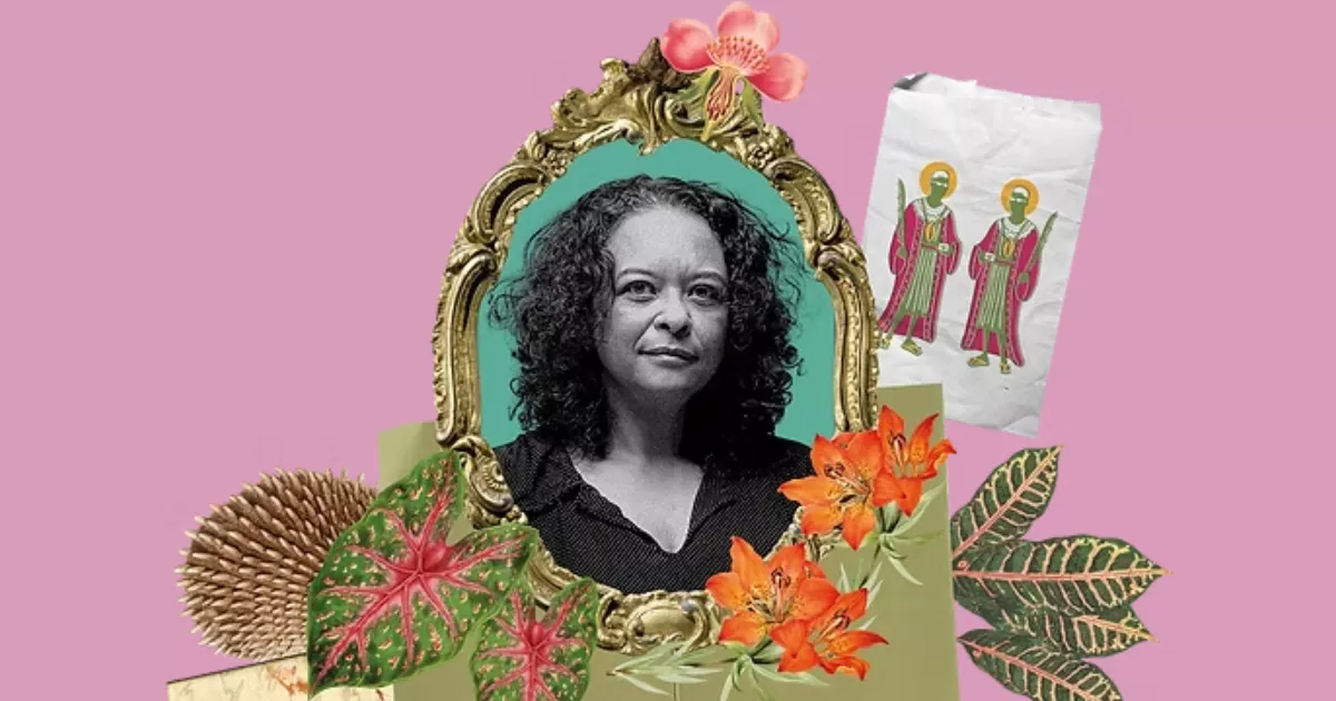 Colagem com retrato em preto e branco de Ana Maria Gonçalves em uma moldura ornamentada, cercada por flores e folhas.