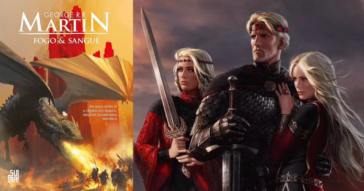 Capa brasileira de Fogo & Sangue, de George R.R. Martin, pela Suma, ao lado de ilustração de Aegon Targaryen com as irmãs Visenya e Rhaenys, de Roman Papsuev.