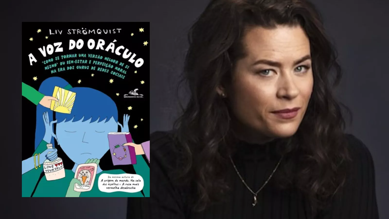 Capa da HQ A voz do oráculo, com uma figura azul de olhos fechados cercada por mãos que oferecem cartas de tarô e frascos, ao lado de um retrato da quadrinista sueca Liv Strömquist