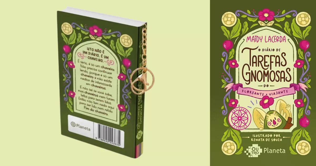 Verso e capa do livro-chaveiro O diário de tarefas gnomosas do floreante viajante, de Maidy Lacerda, com ilustrações de flores e rabanetes e chaveiro dourado, primeiro no ranking de vendas