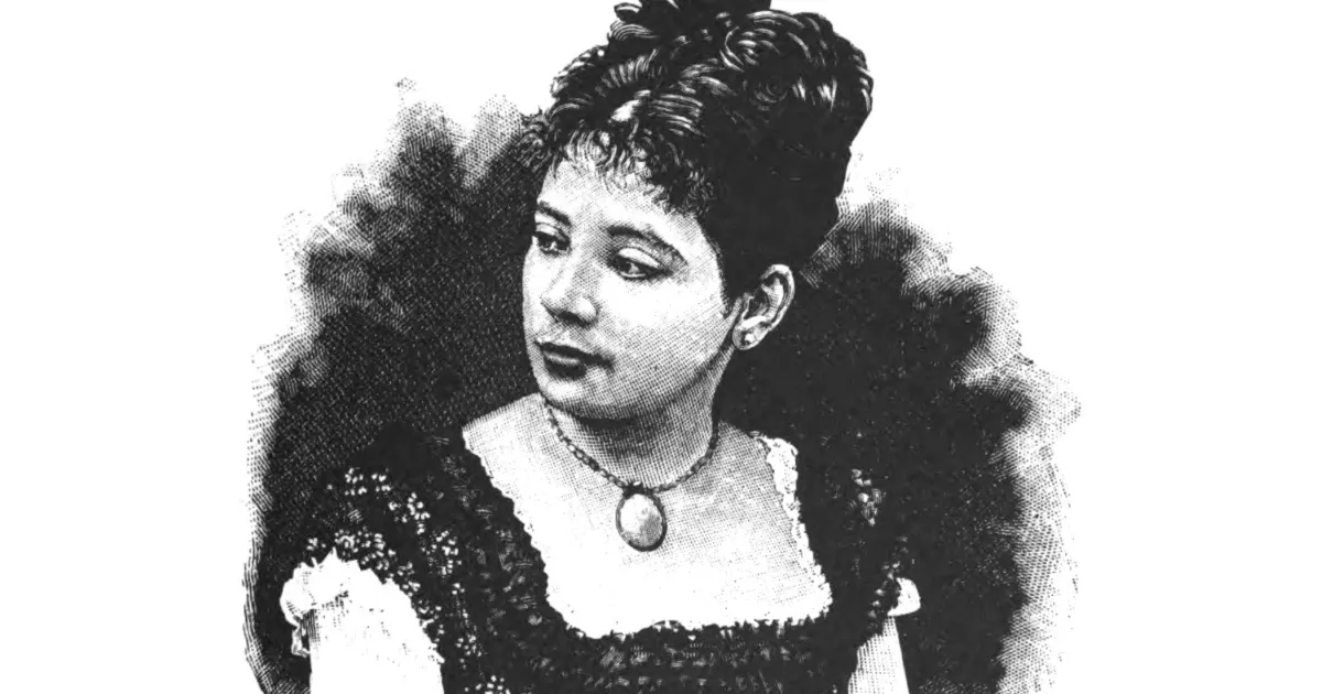 Gravura antiga da escritora gaúcha Maria Benedita Bormann, de cabelo preso e colar com medalhão, retrato que por anos foi atribuído por engano a Maria Firmina dos Reis.