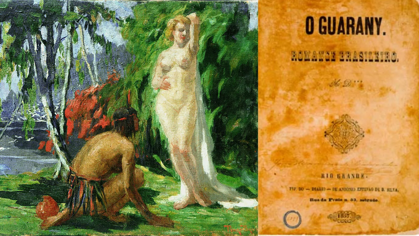 Pintura Ceci e Peri, de Pedro Bruno, com Peri ajoelhado diante de Ceci na mata, ao lado da folha de rosto amarelada de uma edição antiga de O Guarany