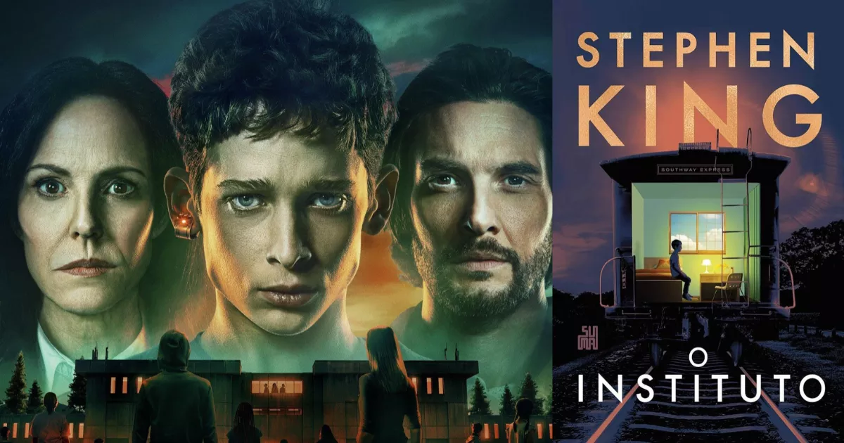 Pôster de O Instituto com Mary-Louise Parker, Joe Freeman e Ben Barnes ao lado da capa brasileira do romance de Stephen King, cuja série volta em novembro.