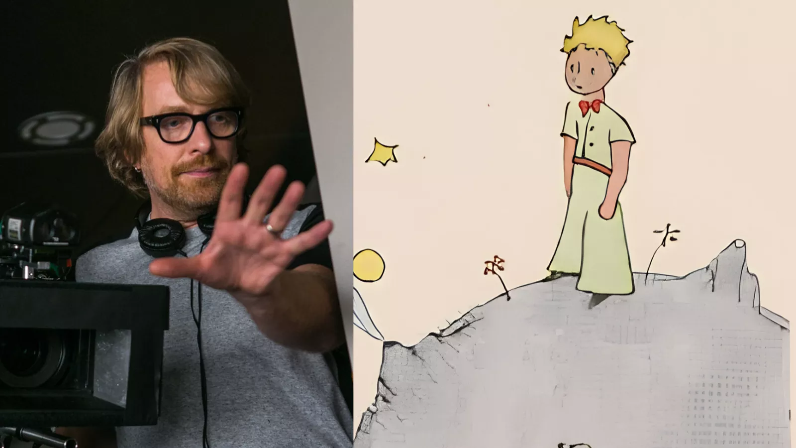 Morten Tyldum, de óculos e fones no pescoço, gesticula ao lado de uma câmera nos bastidores de um filme. Ao lado, o pequeno príncipe de pé sobre seu asteroide, na ilustração de Saint-Exupéry que o diretor vai adaptar em live-action.
