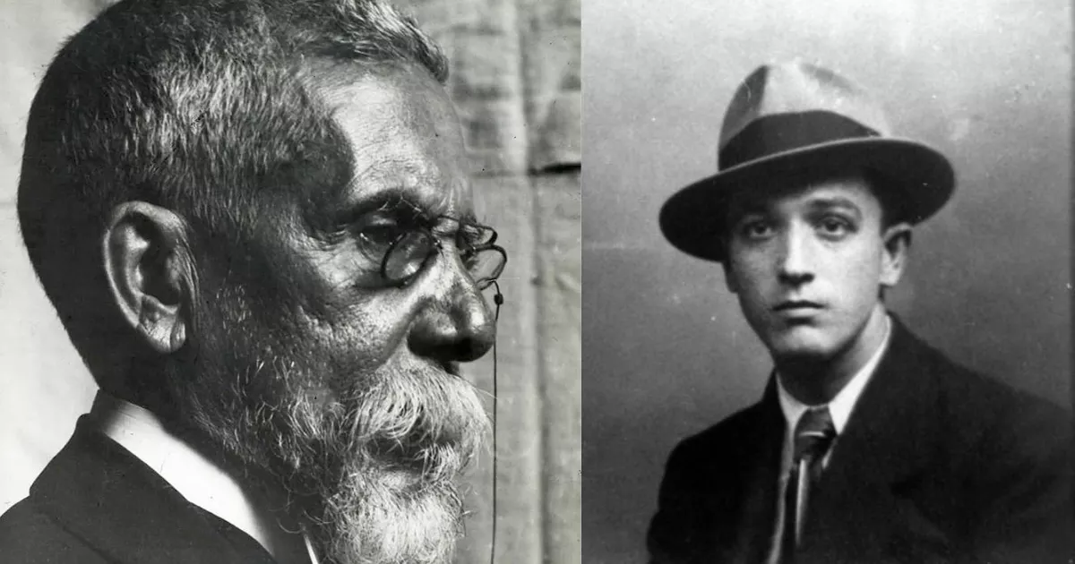 Montagem em preto e branco com retratos de Machado de Assis, à esquerda, já idoso, de barba branca e óculos, e de Astrojildo Pereira, à direita, ainda jovem, usando terno, gravata e chapéu. Aos 17 anos, Astrojildo visitou Machado na casa do escritor, no Cosme Velho, na noite em que ele morreu, em 1908.
