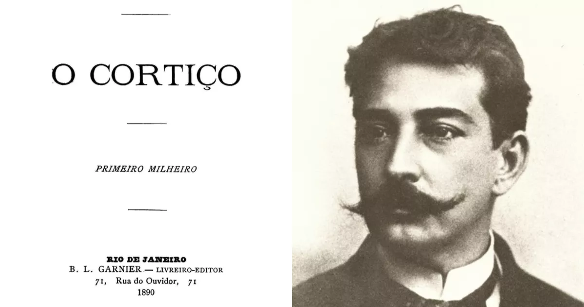 Folha de rosto da primeira edição de O Cortiço, publicada em 1890 pela B. L. Garnier no Rio de Janeiro, ao lado de retrato em preto e branco de Aluísio Azevedo.