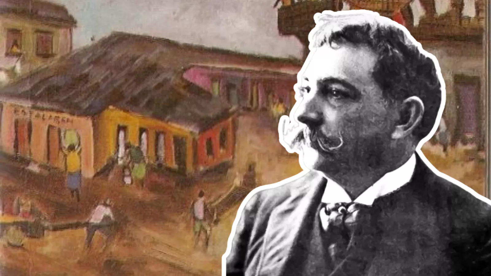 Retrato em preto e branco de Aluísio Azevedo, de bigode e terno, sobre pintura colorida de casas simples e moradores numa rua de terra, arte da capa de O Cortiço