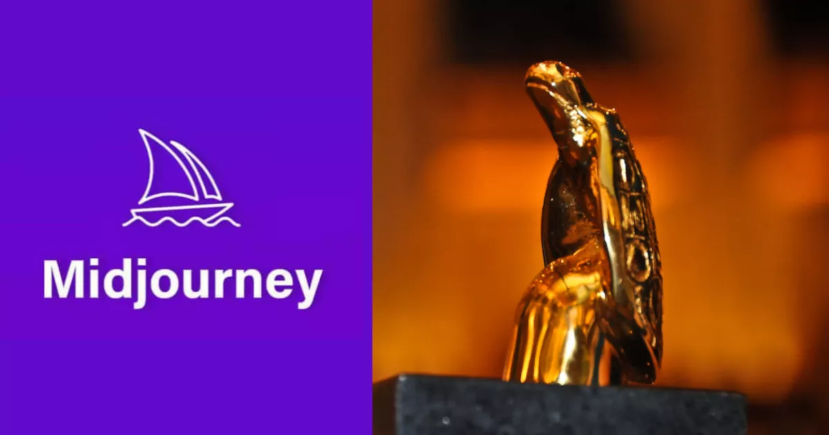 Logotipo do Midjourney, programa de inteligência artificial que gera imagens, ao lado do troféu dourado do Prêmio Jabuti, em notícia sobre o uso de IA em livros.