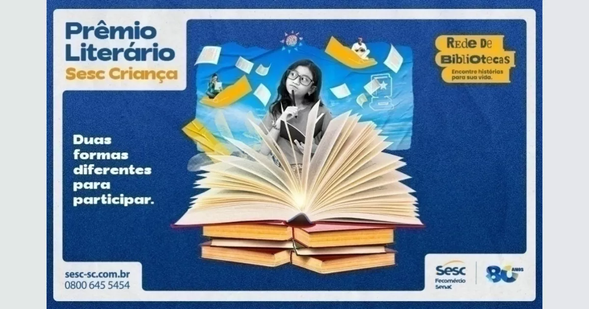 Arte do Prêmio Literário Sesc Criança em fundo azul, com um livro aberto sobre uma pilha de livros, uma leitora ao centro e páginas flutuando.