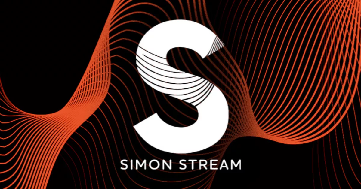 Logotipo do Simon Stream, com um S branco estilizado sobre fundo preto e linhas onduladas laranja, novo selo digital da Simon & Schuster que paga 50% de royalties em e-books