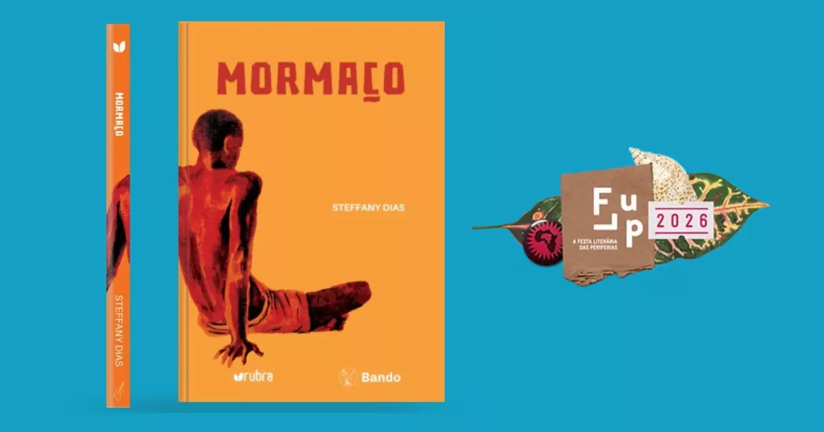 Capa laranja de Mormaço, de Steffany Dias, com figura masculina sentada de costas, ao lado do logotipo da Flup 2026; romance venceu o Prêmio João e Júlia do Rio