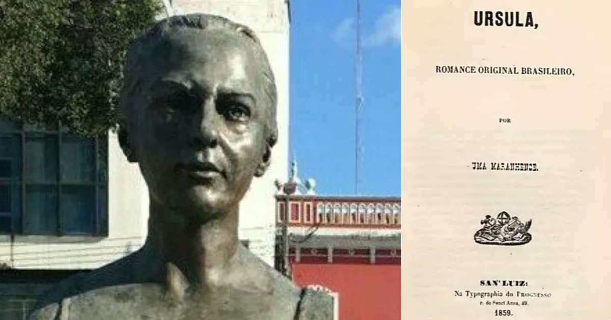Busto de bronze de Maria Firmina dos Reis na Praça do Pantheon, em São Luís, ao lado da folha de rosto de Úrsula, de 1859, assinada por Uma Maranhense.