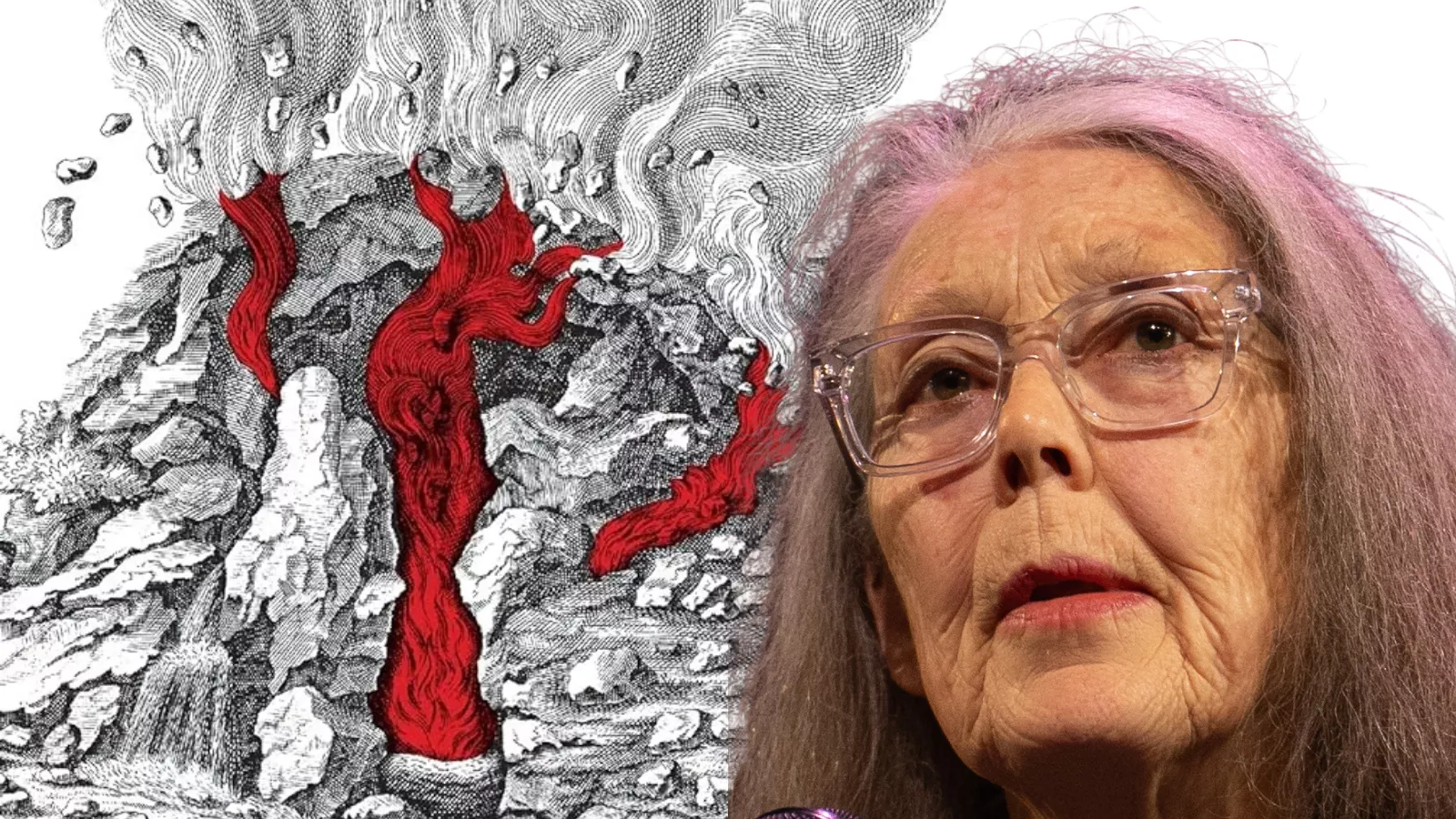 Montagem com Anne Carson em primeiro plano e, ao fundo, arte de Autobiografia do Vermelho, livro da autora publicado no Brasil pela Editora 34.
