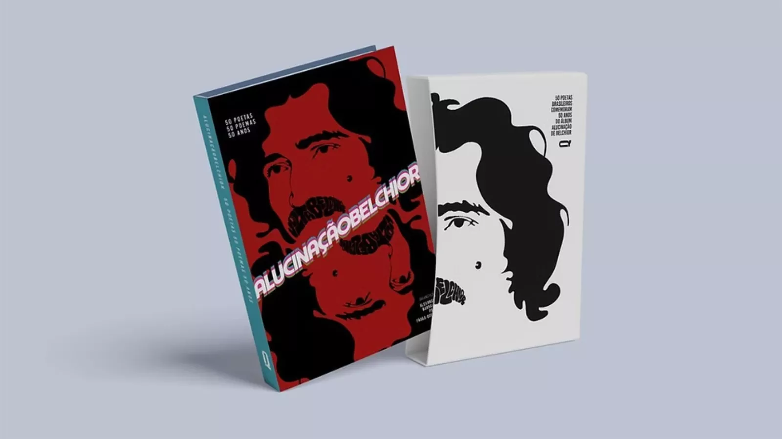 Livro Alucinação Belchior, antologia com 50 poemas inspirados no compositor, mostrado ao lado de uma edição com capa alternativa.