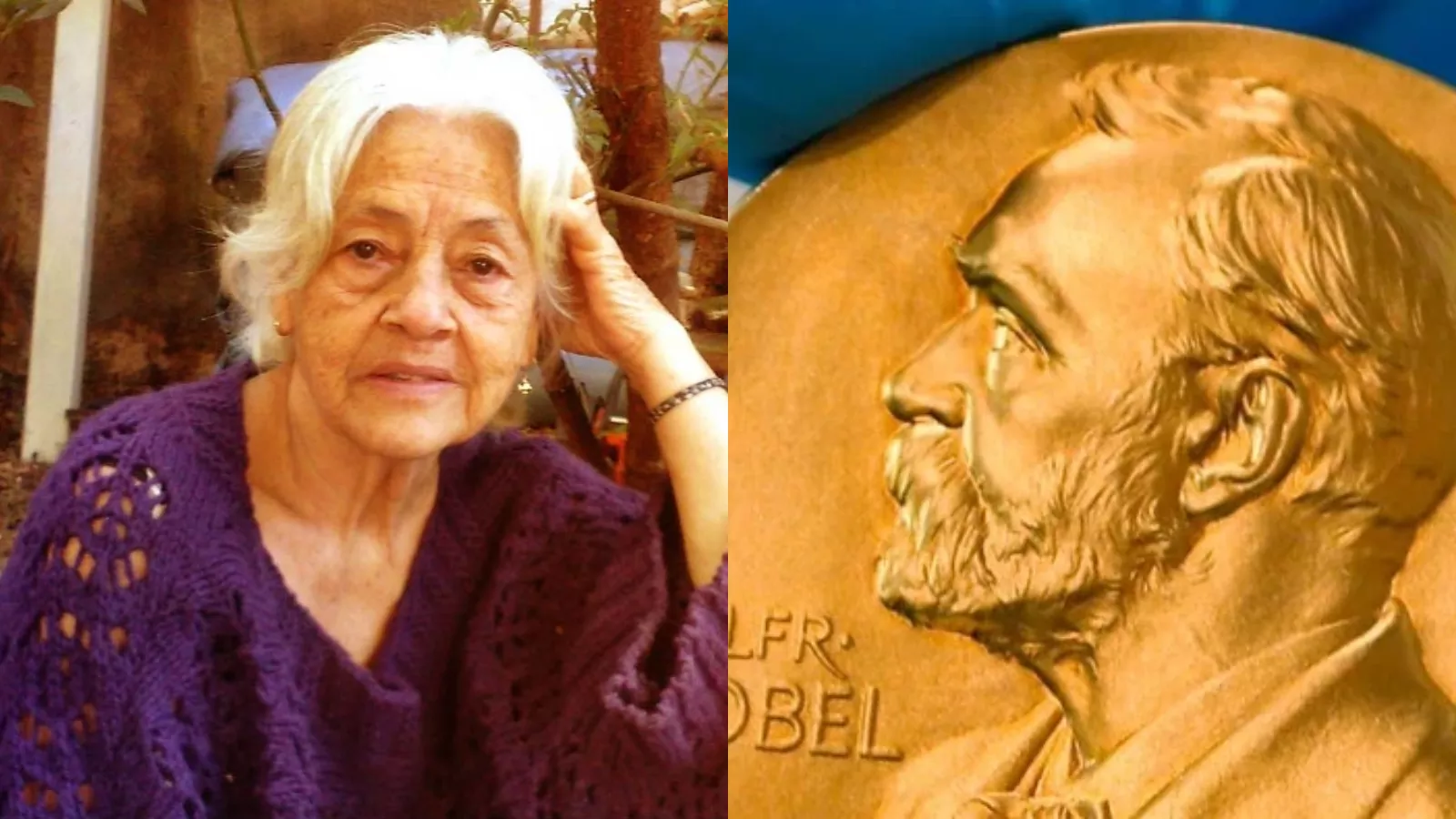 Montagem com a poeta mineira Adélia Prado, de cabelos brancos e blusa roxa de tricô, ao lado da medalha dourada do Prêmio Nobel com o perfil de Alfred Nobel