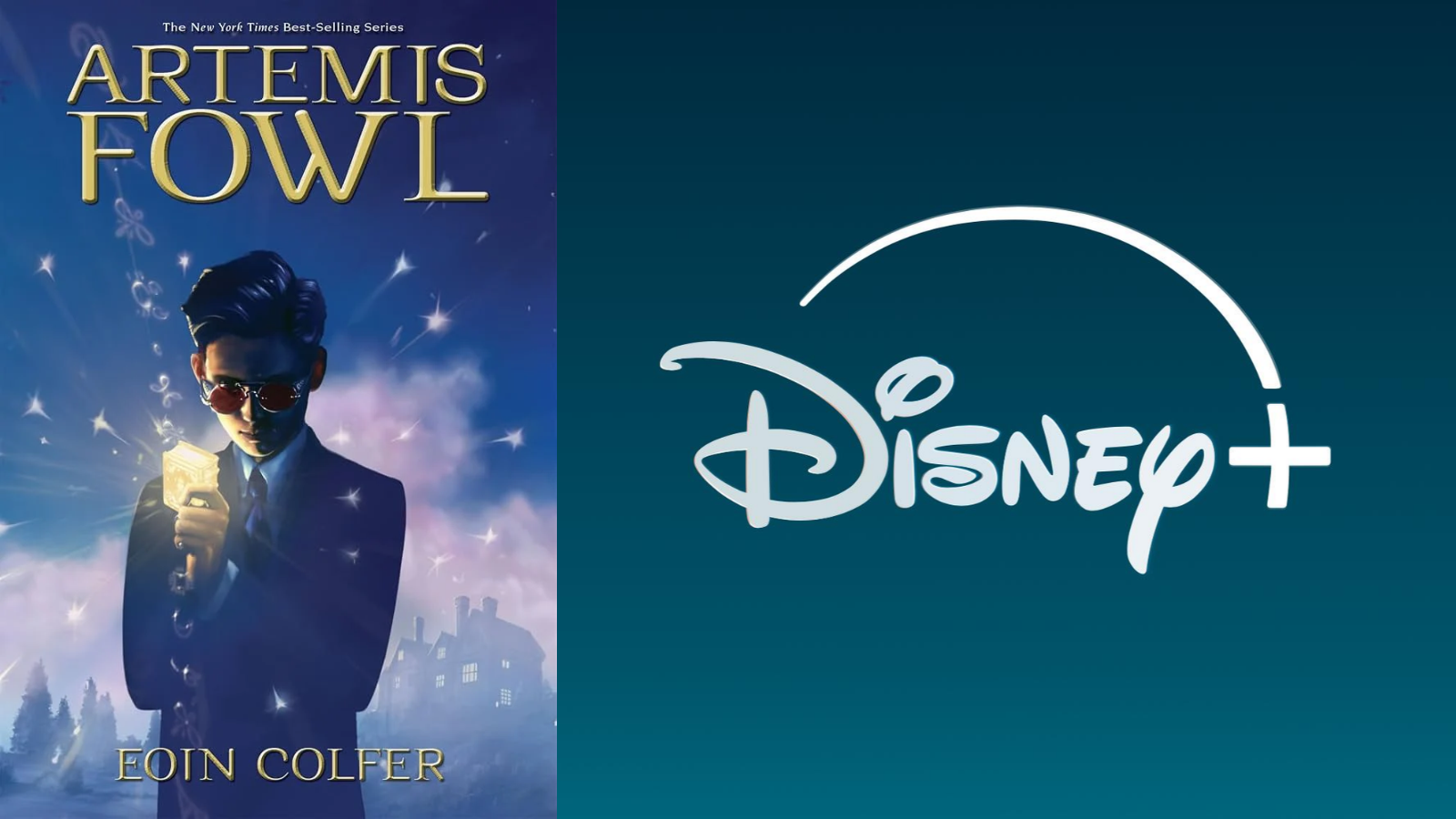 Capa de Artemis Fowl, de Eoin Colfer, ao lado do logotipo do Disney+, em referência à nova série animada da franquia.
