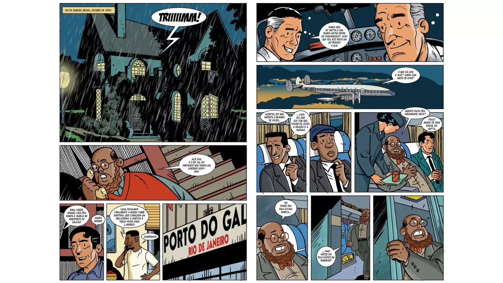 Páginas de As Aventuras de Ed Motta: Aplausos e Enigmas mostram o Rio de Janeiro de outubro de 1959, telefonema, aeroporto do Galeão e voo para Londres