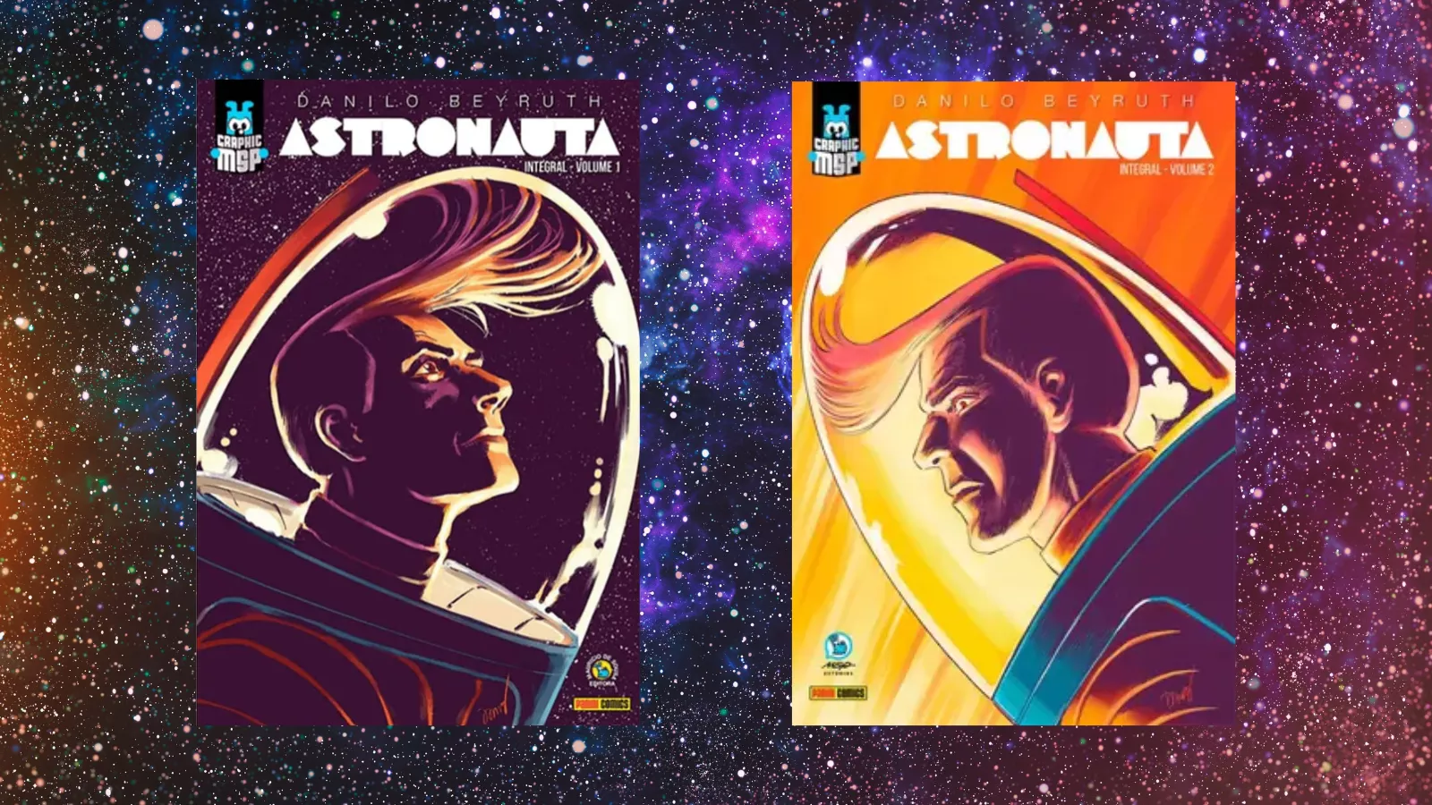 Capas dos volumes 1 e 2 de Astronauta: Integral, de Danilo Beyruth, exibindo o personagem Astronauta em trajes espaciais diante de um fundo estrelado.
