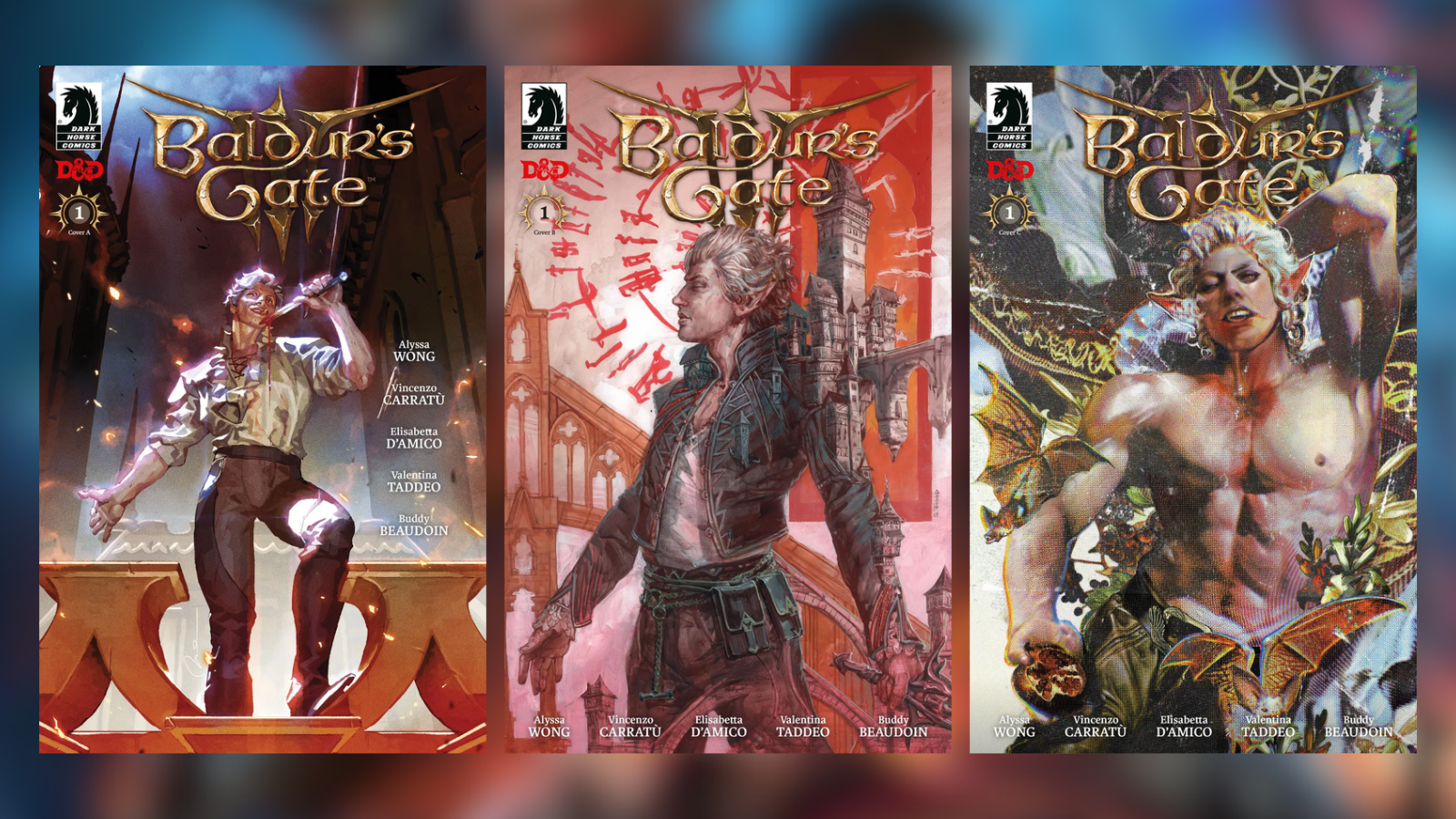 Três capas variantes da primeira edição da HQ de Baldur's Gate 3, com Astarion em destaque.
