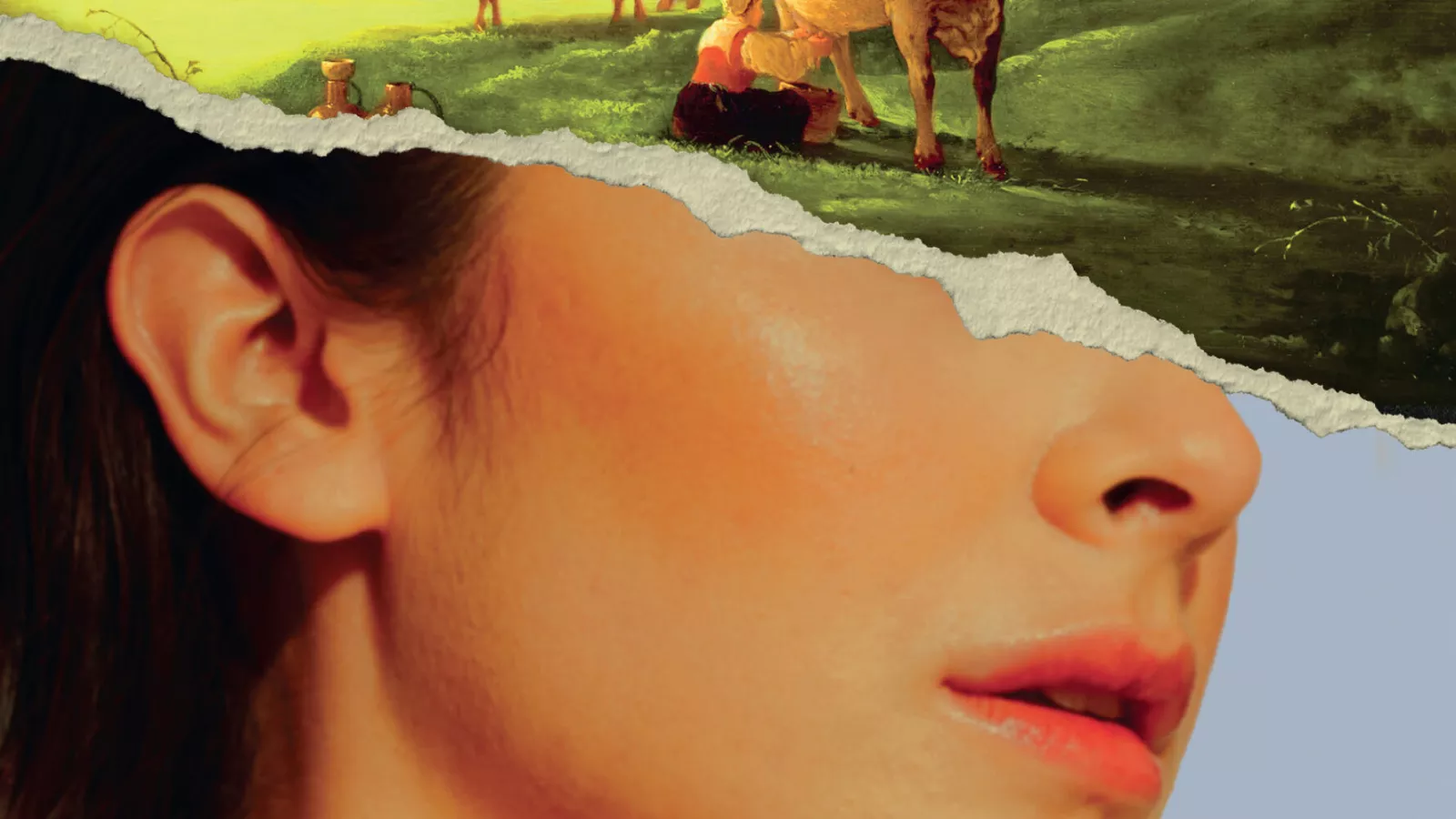 Detalhe da capa de Bons Tempos, de Caro Claire Burke, com o rosto de uma mulher e uma cena rural sobreposta à altura dos olhos.