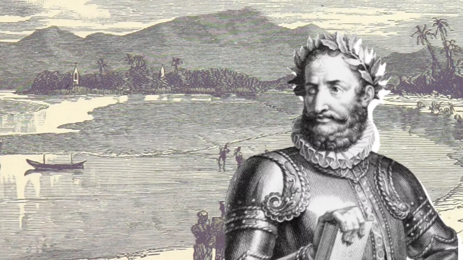 Montagem com retrato em gravura de Luís de Camões, de coroa de louros e armadura, sobre gravura antiga do rio Mekong, onde o poeta naufragou com o manuscrito de Os Lusíadas