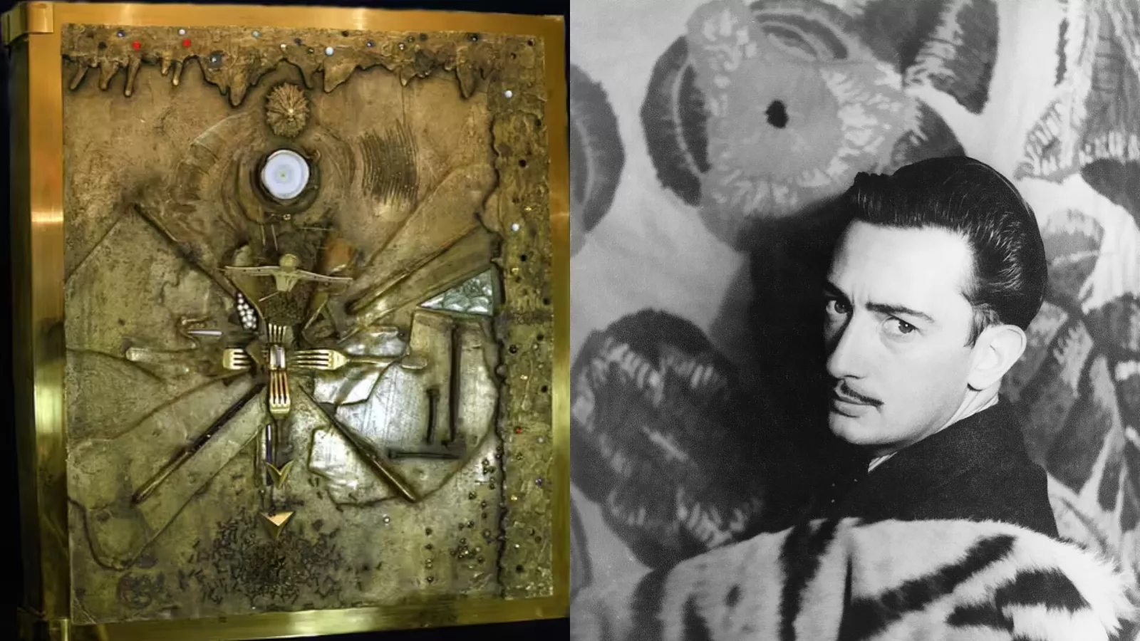 Colagem mostra a capa de bronze criada por Salvador Dalí para o Livro do Apocalipse ao lado de um retrato do artista espanhol.