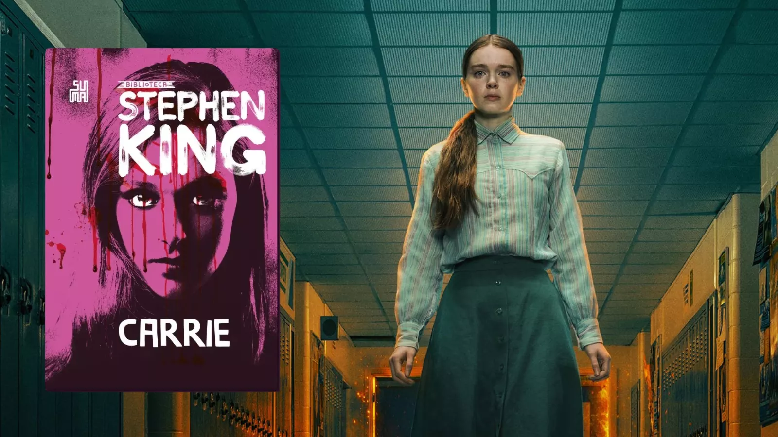 Summer H. Howell como Carrie White em corredor escolar com chamas ao fundo, na série do Prime Video, ao lado da capa do livro pela Suma