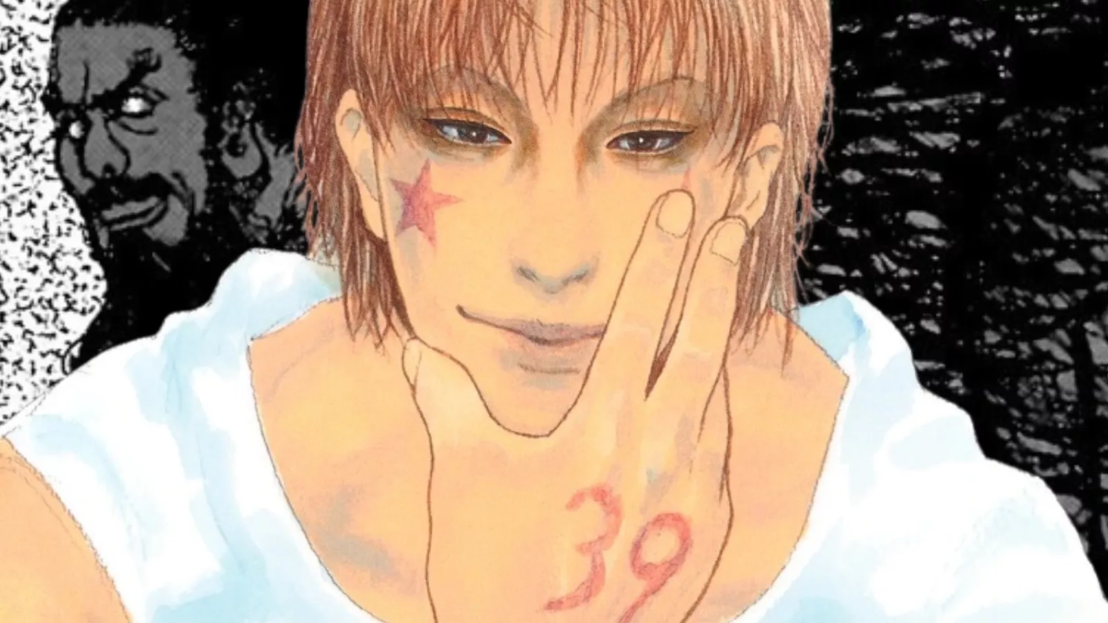 Hisoka, com a estrela vermelha na bochecha e o número 39 pintado na mão, em arte colorida de Yoshihiro Togashi para o volume 39 de Hunter x Hunter
